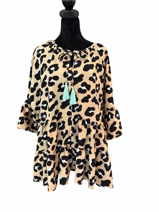 Simply Southern Tops - Simply Southern Beige and Black Leopard Print Peplum Tunic with Tassels sz XL